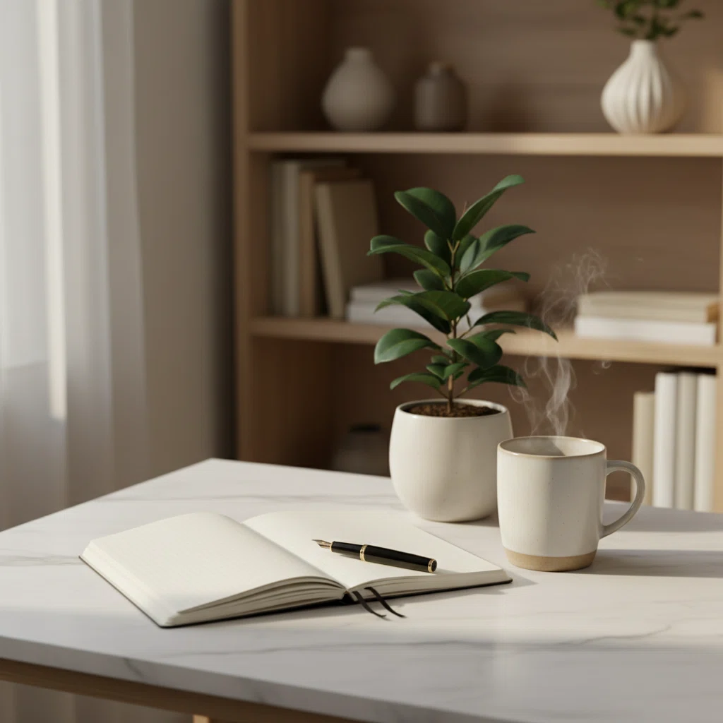 Editorial desk with open notebook, pen, and warm reading light