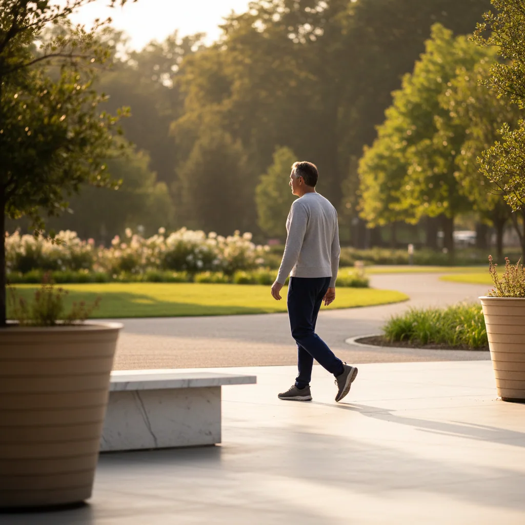 Man walking in a sunlit park, side silhouette, active lifestyle