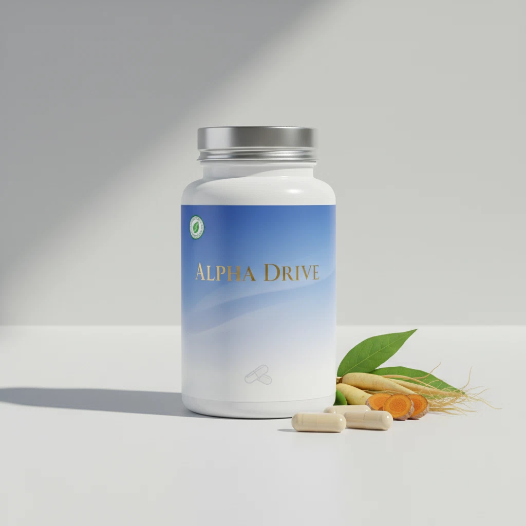 Alpha Drive white supplement bottle with blue hexagonal label